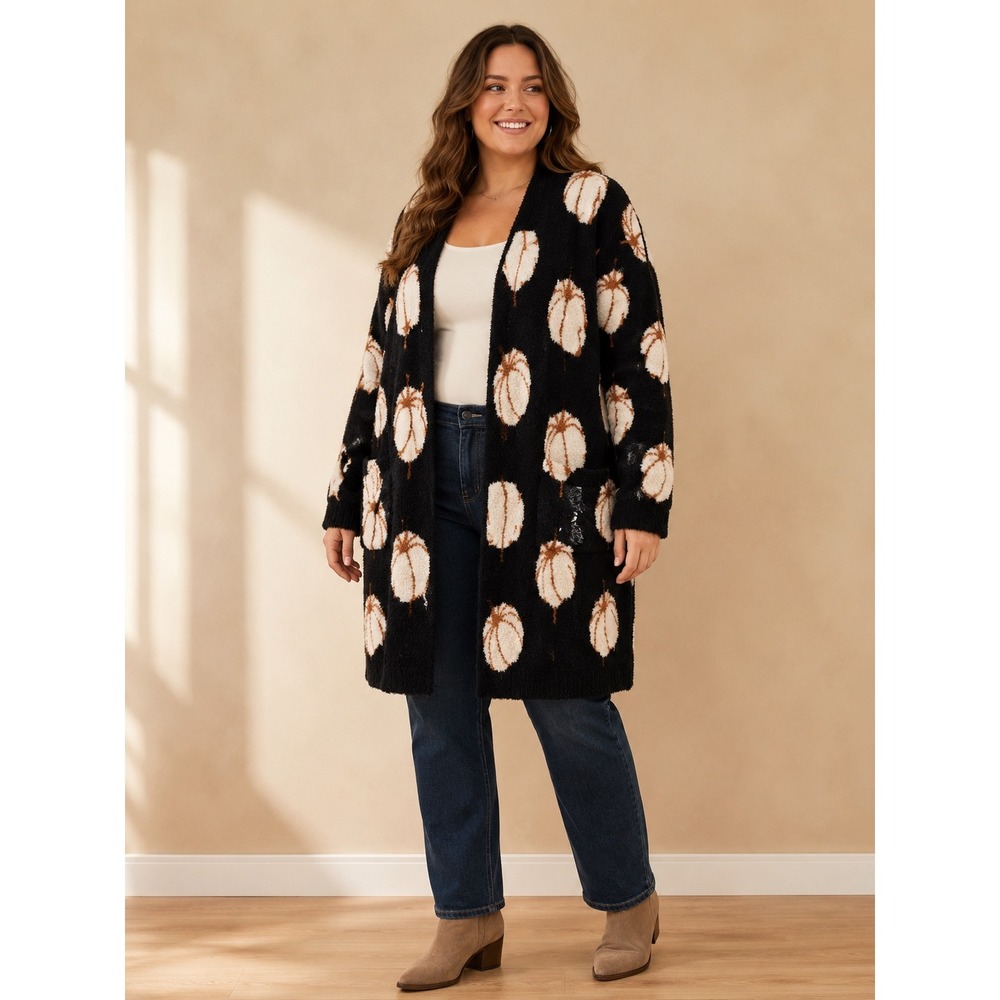 Blakeley Plus Size Pumpkin Print Fuzzy Open Front Cardigan Black Cozy Sweater